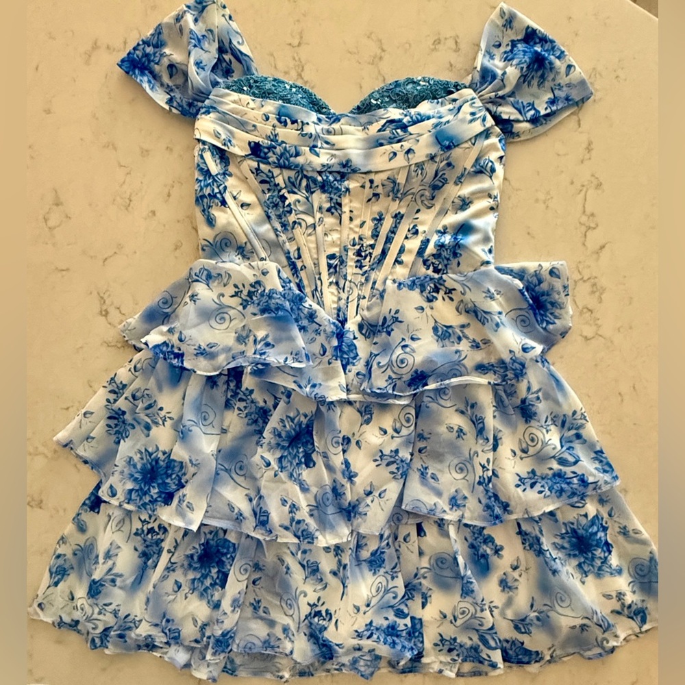 Off The Shoulder Chiffon Tiered Corset Cocktail Dress